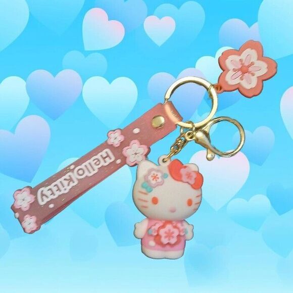 Pink Flower Floral Hello Kitty Keyring Keychain Key Ring - Picture 2 of 7